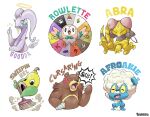  abra afro among_us anger_vein artist_name bear bra broom comb elcajarito english_text eyelashes fangs froakie goodra halo highres no_humans poke_ball pokemon pokemon_(creature) pun roulette rowlet simple_background skull speech_bubble sweat thumbs_up underwear ursaring weepinbell white_background white_hair 