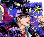  1boy 1other adjusting_clothes adjusting_headwear armor black_coat black_hair black_hat chain coat colored_skin commentary commentary_request daria10 english_text fingerless_gloves gakuran gloves gold_chain green_eyes hat high_collar jojo_no_kimyou_na_bouken kepi kujo_jotaro long_hair male_focus military_hat parted_lips pauldrons purple_gloves purple_skin red_scarf red_shirt scarf school_uniform shirt shoulder_armor stand_(jojo) star_(symbol) star_platinum stardust_crusaders teeth 