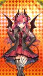  1girl argyle_background bare_shoulders bat_wings black_dress black_gloves black_sleeves blue_eyes blush bow braid breasts brooch chain-link_fence checkered_background checkered_floor closed_mouth commentary_request cowboy_shot cross-laced_clothes demon_girl demon_horns demon_tail demon_wings detached_sleeves dress earrings elbow_gloves fence fishnets frilled_dress frills garter_straps giuniu gloves hair_between_eyes hair_ornament halloween hand_on_own_hip hand_up head_tilt heart hexagon high_collar honeycomb_(pattern) honeycomb_background horns jewelry lace large_breasts layered_dress long_hair long_sleeves looking_at_viewer lucian_luce medium_breasts nail_polish neck_ribbon orange_background outline patterned_background pink_hair plaid_background pointy_ears puffy_sleeves purple_eyes red_dress red_hair red_ribbon ribbon short_dress sidelocks skirt sleeveless sleeveless_dress smile solo stained_glass standing striped_clothes striped_dress tail thighhighs tile_floor tile_wall tiles turtleneck two_side_up uchi_no_hime-sama_ga_ichiban_kawaii underbust vertical-striped_clothes vertical-striped_dress very_long_hair virtual_youtuber wavy_hair wings zettai_ryouiki 