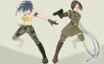  2girls arm_pouch blue_eyes blue_hair boots breasts brown_eyes brown_hair cargo_pants choker combat_boots crop_top desert_eagle dog_tags earrings gloves gun handgun highres holding holding_whip jewelry leona_heidern military military_uniform multiple_girls muscular muscular_female pants ponytail sakura_mafumi short_hair soldier tank_top the_king_of_fighters triangle_earrings weapon whip whip_(kof) yellow_tank_top 