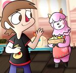 2019 4_fingers alpaca animal_crossing anthro apron apron_only arms_bent black_boots black_clothing black_footwear black_hands black_shirt black_t-shirt black_topwear blue_bottomwear blue_clothing blue_pants boots bottomwear bowl brown_eyes brown_hair brown_nose camelid cheek_spots closed_smile clothed clothed_anthro clothed_female clothed_human clothed_male clothing coin_bag colored container cookieboy011 digital_drawing_(artwork) digital_media_(artwork) duo english_description eyelashes eyes_closed featureless_hands female female_anthro fingers floor food footwear fruit fully_clothed fully_clothed_human fully_clothed_male fur furniture gesture hair hat_feather headgear headwear holding_bowl holding_coin_bag holding_container holding_object human inside light lighting lips loose_feather male male_human mammal mouth_closed neck_tuft nintendo no_eyebrows no_pupils orange_(fruit) orange_inner_ear pants pear pink_body pink_fur pink_lips plant red_apron red_clothing red_nose reese_(animal_crossing) religious_clothing religious_headwear shaded shirt shoes sign smile smiling_at_another standing story story_in_description t-shirt table thin_eyebrows topwear triangle_nose tuft turban villager_(animal_crossing) wall_(structure) waving white_body white_fur window_curtains wood wood_floor