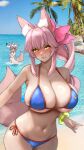  2girls absurdres animal_ear_fluff animal_ears bare_shoulders beach bikini blue_bikini blush bow bracelet breasts cleavage collarbone cosplay fate/grand_order fate_(series) fox_ears fox_girl fox_tail hair_between_eyes hair_bow hat highres jewelry koyanskaya_(fate) large_breasts long_hair looking_at_viewer multiple_girls navel nude palm_tree parted_lips pink_bow pink_hair ponytail raskasar shore sidelocks smile solo_focus sun_hat swimsuit tail tamamo_(fate) tamamo_no_mae_(swimsuit_lancer)_(fate) tamamo_no_mae_(swimsuit_lancer)_(fate)_(cosplay) tamamo_no_mae_(swimsuit_lancer)_(second_ascension)_(fate) thighs tree white_hat yellow_eyes 