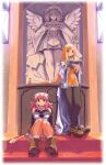  1990s_(style) 2girls alouette_(la_pucelle) black_pantyhose blonde_hair blue_eyes book boots braid braided_ponytail brown_boots candle candlelight clothing_cutout coattails cross highres holding holding_book knees_up la_pucelle long_hair long_sleeves looking_at_viewer multiple_girls non-web_source official_art open_book pantyhose photoshop_(medium) pink_hair prier reading red_eyes retro_artstyle ritual_baton ryoji_(nomura_ryouji) shoulder_cutout sitting smile standing statue very_long_hair 