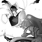  2girls akimaki_yuu_(style) ascot bow ch00suke chain closed_mouth commentary_request cuffs detached_sleeves fighting foul_detective_satori frilled_bow frilled_hair_tubes frilled_skirt frills gohei greyscale hair_bow hair_ornament hair_tubes hakurei_reimu handcuffs holding holding_gohei holding_handcuffs long_hair long_sleeves miyadeguchi_mizuchi monochrome multiple_girls oversized_object ponytail prison_clothes ribbon-trimmed_sleeves ribbon_trim shirt shoes skirt skull_hair_ornament socks striped_clothes striped_shirt touhou 