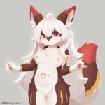 1:1 2025 4_fingers absurd_res ahoge anthro areola arm_markings belly belly_markings big_ears big_tail biped black_nose blush breasts brown_body brown_ears brown_fur canid canine chest_tuft claws colored countershade_face countershade_fur countershade_legs countershade_torso countershading cute_fangs dated digital_media_(artwork) digital_painting_(artwork) dipstick_ears dipstick_tail ear_markings fangs female female_anthro finger_claws fingerpads fingers fluffy fluffy_tail fox front_view fur gloves_(marking) grey_background hair hi_res inner_ear_fluff innie_vulva kemono leg_markings long_hair looking_at_viewer mammal markings medium_breasts monotone_hair multicolored_body multicolored_ears multicolored_fur multicolored_tail navel nipples nude painting_(artwork) pawpads pink_areola pink_markings pink_nipples pink_pawpads portrait red_body red_ear_tips red_ears red_eyes red_fur red_tail red_tail_tip shaded shiokisylvia simple_background smile snaggle_teeth snaggle_tooth solo standing tail tail_markings teeth thick_tail three-quarter_portrait tuft white_body white_claws white_countershading white_hair white_inner_ear white_inner_ear_fluff yellow_body yellow_fur yellow_markings