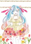  1girl 922pochan aqua_hair aqua_nails blue_eyes blue_hair blush bow bow_choker breasts choker commentary_request daisy_(flower) dot_nose dress feet_out_of_frame flower flower_underskirt frilled_sleeves frills gradient_eyes gradient_hair hair_ribbon highres long_hair looking_at_viewer masking_tape_(medium) mixed_media multicolored_eyes multicolored_hair open_mouth orange_hair parted_bangs pink_eyes pink_hair pink_ribbon puffy_short_sleeves puffy_sleeves ribbon rose short_sleeves single_sidelock skirt_hold small_breasts smile solo straight-on streaked_hair teeth thighs traditional_media tulip twintails unconventional_media upper_teeth_only very_long_hair vocaloid white_background white_streaks yellow_dress 