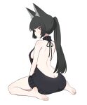  1girl absurdres alternate_costume animal_ears anime_coloring arutemisu180 ass bare_back bare_shoulders barefoot black_hair breasts bright_pupils butt_crack commentary english_commentary feet full_body highres hoshimi_miyabi long_hair looking_at_viewer median_furrow medium_breasts meme_attire parted_lips ponytail red_eyes simple_background sitting soles solo toes virgin_killer_sweater wariza white_background white_pupils zenless_zone_zero 