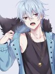  1boy bags_under_eyes bell black_shirt blue_hair coat fangs fur-trimmed_coat fur_trim highres jingle_bell male_focus red_eyes saku69m servamp shirt short_hair sleepy_ash 