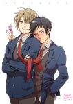  2boys ahoge black_hair blazer blue_eyes blush breast_pocket brown_eyes brown_hair collared_shirt cowboy_shot crossed_arms curtained_hair dated finger_puppet fingernails furrowed_brow grey_pants grey_sweater hand_in_pocket head_on_another&#039;s_shoulder jacket koizumi_itsuki kyon lapels leaning_on_person looking_at_viewer loose_necktie male_focus multiple_boys necktie nose_blush notched_lapels open_clothes open_jacket pants parted_bangs pocket puppet raised_eyebrows red_necktie school_uniform shirt short_hair signature simple_background smile standing suzumiya_haruhi_no_yuuutsu sweatdrop sweater unbuttoned untucked_shirt v v-neck v-shaped_eyebrows wavy_mouth white_background white_shirt wispy_bangs zkakq 