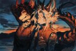  1boy 1other animal_ear_fluff animal_ear_piercing black_hair black_horns blurry collared_shirt depth_of_field dragon_tail facial_hair furry furry_male hair_between_eyes highres horns luli_(crocowolf333) original ponytail red_eyes red_horns shirt short_ponytail shoulder_strap sleeveless sleeveless_shirt spines sunset tail upper_body white_hair yellow_eyes 
