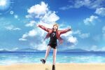  1boy absurdres beach black_hair black_shoes black_shorts blonde_hair closed_eyes cloud cloudy_sky collared_jacket commentary_request crew_neck cumulonimbus_cloud full_body haikyuu!! highres jacket light_particles male_focus miya_atsumu mountainous_horizon multicolored_hair ocean open_clothes open_jacket open_mouth outstretched_arms parted_bangs popped_collar red_jacket sand shirt shoelaces shoes shorts sky socks solo standing sun two-tone_hair water watermark white_socks zero_shir0 