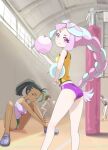 4girls black_buruma black_hair blue_hair bow-shaped_hair braid braided_ponytail breasts brown_hair buruma character_hair_ornament closed_mouth flat_chest green_buruma green_hair gym gym_uniform hair_ornament head_tilt highres indoors iono_(pokemon) juliana_(pokemon) labia_slip long_hair looking_at_viewer medium_breasts medium_hair microsd_(pibo) multicolored_hair multiple_girls nemona_(pokemon) on_floor penny_(pokemon) pink_hair pokemon pokemon_sv purple_buruma red_buruma red_hair shirt short_hair sleeveless sleeveless_shirt small_breasts smile split-color_hair streaked_hair two-tone_hair very_long_hair volleyball 