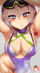  1girl aa-12_(girls&#039;_frontline) absurdres apron armpits arms_up bare_hips bikini bikini_top_only black-framed_eyewear blue_eyes blush breasts brown_hair brown_hat candy cheeta_(girls&#039;_frontline_2) choker cleavage close-up commentary criss-cross_halter dot_nose downblouse english_commentary extended_downblouse eyewear_on_head food food_in_mouth girls&#039;_frontline girls&#039;_frontline_2:_exilium green_trim grey_background groin hair_between_eyes halterneck hat highres leaning_forward lind_(neural_cloud) lollipop lollipop_in_mouth looking_at_viewer m_e_e_p_y maebari mp7_(girls&#039;_frontline) pink_hair presenting presenting_armpit presenting_breasts purple_apron purple_choker shiny_skin simple_background sweat sweaty_armpits sweaty_breasts swimsuit swimsuit_cover-up very_sweaty white_bikini 