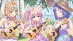  3girls :o animal_ear_fluff animal_ears arm_strap beach bell blush bracelet breasts cat_ears cat_girl cat_tail cinnamon_(nekopara) cleavage closed_eyes clothes_writing day dress english_text eyewear_on_head food-themed_hair_ornament fraise_(nekopara) game_cg grass green_eyes hair_ornament hair_scrunchie hat highres instrument jewelry large_breasts looking_at_object looking_at_viewer maple_(nekopara) medium_breasts multicolored_dress multiple_girls music nail_polish neck_bell nekopara non-web_source ocean official_art orange_hair orange_tail outdoors palm_tree pink_hair pink_tail playing_instrument ponytail purple_hair sayori_(neko_works) scrunchie short_hair small_breasts smile sundress sunglasses tail tree ukulele wrist_scrunchie 