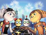 2025 anthro belt blue_eyes blush clank_(ratchet_and_clank) clothing cybernetic_arm cybernetic_limb ear_piercing ear_ring eye_contact eyebrows eyewear eyewear_on_head female fur gloves goggles goggles_on_head green_eyes group handwear hi_res kit_(ratchet_and_clank) lombax looking_at_another machine male mammal piercing ratchet_(ratchet_and_clank) ratchet_and_clank ring_piercing rivet_(ratchet_and_clank) robot scarf sony_corporation sony_interactive_entertainment striped_body striped_fur stripes viwhi_art