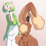 ambiguous_gender anthro biped black_sclera blush bodily_fluids brown_body brown_fur duo eyebrows food fur gardevoir generation_3_pokemon generation_4_pokemon green_body hi_res humanoid lopunny multicolored_body multicolored_fur nintendo pokemon pokemon_(species) popsicle red_body red_eyes saltyxodium simple_background standing sweat tan_body tan_fur tongue white_body