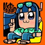  1girl :3 aqua_shirt bkub black_sandals blue_eyes blue_hair blue_pants blunt_bangs blunt_ends blush_stickers chibi chibi_only closed_mouth eyewear_on_head floating_hair full_body highres long_hair looking_at_viewer official_alternate_costume official_art on_chair orange_background pants pipimi poptepipic sandals shirt short_sleeves sidelocks simple_background sitting solo sunglasses tan v 