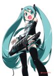  1girl :d aqua_eyes aqua_hair aqua_nails aqua_necktie black_skirt black_thighhighs blush commentary_request detached_sleeves from_below happy hatsune_miku headset highres instrument kanzaki_hiro keytar long_hair miniskirt nail_polish necktie number_tattoo open_mouth shirt shoulder_tattoo skirt sleeveless sleeveless_shirt smile solo tattoo thighhighs twintails twitter_username very_long_hair vocaloid yamaha_kx5 