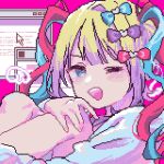  1girl ;d arm_around_leg asleep_onthebed blonde_hair blue_eyes blue_hair blue_serafuku chouzetsusaikawa_tenshi-chan colored_tips cursor dotpict_(medium) drawn_wings hand_on_knees highres knees_up looking_at_viewer multicolored_hair needy_girl_overdose one_eye_closed pink_background pink_hair pixel_art quad_tails school_uniform serafuku smile solo upper_body window_(computing) 
