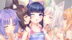  5girls :o animal_ear_fluff animal_ears bell blue_hair bow brown_hair cat_ears cat_girl chocola_(nekopara) cinnamon_(nekopara) closed_eyes collarbone eggplant fake_animal_ears finger_sucking flat_chest food food-themed_hair_ornament fruit game_cg hair_ornament harem heart highres imminent_kiss lime_(fruit) lime_slice maple_(nekopara) medium_hair minazuki_shigure multiple_girls nail_polish neck_bell nekopara non-web_source official_art one-piece_swimsuit one_eye_closed orange_(fruit) orange_hair orange_slice pink_bow purple_eyes purple_hair purple_one-piece_swimsuit sayori_(neko_works) scrunchie swimsuit vanilla_(nekopara) watermelon watermelon_hair_ornament watermelon_slice white_hair wrist_scrunchie yuri 