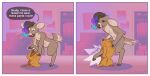2025 2_panel_comic aliasing anthro bed bedroom blue_highlights bottomwear brown_body brown_fur brown_hair brown_hooves brown_nose closet clothing comic deer detailed_background dialogue digital_drawing_(artwork) digital_media_(artwork) dithering dressing dyyrlysh ears_down english_text eyes_closed fingers fur furniture hair happy hi_res highlights_(coloring) holding_bottomwear holding_clothing holding_object holding_pants hooved_fingers hooves inside kristoffer_everglade leaning leaning_forward male mammal multicolored_highlights new_world_deer nude on_one_leg open_mouth open_smile pants pants_ripping pillow pivoted_ears purple_highlights real scut_tail short_tail smile snout solo sound_effects standing tail tan_body tan_fur tan_inner_ear text torn_clothing unguligrade white-tailed_deer yellow_bottomwear yellow_clothing yellow_pants