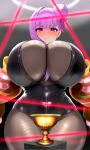  1girl absurdres black_leotard blush bodystocking breasts chalice claw_(weapon) cleavage closed_mouth cup fate/grand_order fate_(series) hair_bun hair_ribbon highres holy_grail_(fate) huge_breasts laser leotard long_hair looking_at_viewer passionlip_(fate) pink_eyes pink_ribbon purple_hair raskasar ribbon see-through_cleavage see-through_clothes solo thighs weapon zipper 