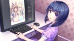  1girl :d adobe_photoshop animal_ear_fluff animal_ears blue_bow blue_eyes blue_hair blue_shoes blush bow cat_ears cat_girl cat_tail chibi chocola_(nekopara) computer_keyboard computer_mouse desk drawer drawing_(action) game_cg heart highres holding holding_stylus looking_at_viewer medium_hair minazuki_shigure monitor nekopara non-web_source official_art open_mouth orange_eyes pajamas pillow pink_bow purple_eyes purple_pajamas red_shoes sayori_(neko_works) shoes sitting smile stylus tail vanilla_(nekopara) 