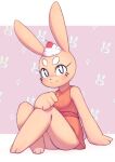  1girl animal_ears animal_nose animal_print arm_support bare_shoulders blush body_fur breasts cherry closed_mouth commentary cream crossed_legs dress english_commentary food food_on_head fruit full_body furry furry_female hand_on_own_knee happy highres keki_(kekitopu) kekitopu knees_up legs looking_at_viewer medium_breasts nose_blush object_on_head orange_dress orange_fur original pink_background rabbit_ears rabbit_girl rabbit_print short_dress sitting sleeveless sleeveless_dress smile solo split_mouth thick_eyebrows thighs whiskers white_eyes 