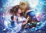  1boy 1girl air_bubble arm_around_shoulder blonde_hair bracelet brown_hair bubble closed_eyes copyright_notice detached_sleeves final_fantasy final_fantasy_x fuji_q holding_hands jewelry kiss magic:_the_gathering official_art short_hair tan tidus underwater wide_sleeves yuna_(ff10) 