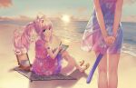  2girls :o animal_ear_fluff animal_ears arm_strap armband arms_behind_back beach cat_ears cat_girl cat_tail clothes_writing cloud drawing_(action) drawing_(object) dress dusk english_text fake_tail floral_print fluffy_tail food-themed_hair_ornament fraise_(nekopara) game_cg green_eyes hair_ornament hair_scrunchie highres holding holding_own_hand holding_pencil long_hair minazuki_shigure multicolored_dress multiple_girls nekopara non-web_source ocean official_art pencil pink_dress pink_hair sand sandals sayori_(neko_works) scrunchie see-through_silhouette sunset tail towel wrist_scrunchie 