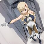  1girl blonde_hair blue_eyes bodysuit breasts earrings eden&#039;s_zero gaston18 gloves hair_ornament highres jewelry large_breasts long_hair looking_to_the_side rebecca_bluegarden sleeveless sleeveless_bodysuit solo standing white_bodysuit white_gloves 