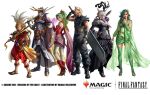  3boys 3girls animal_ears blonde_hair buster_sword cape cat_ears cat_tail cloud_strife copyright_name copyright_notice dress fake_horns final_fantasy final_fantasy_i final_fantasy_iii final_fantasy_iv final_fantasy_vi final_fantasy_vii final_fantasy_xiv glowing glowing_hand green_hair green_shawl helmet highres holding holding_shield holding_sword holding_weapon horned_helmet horns in-franchise_crossover looking_at_viewer magali_villeneuve magic:_the_gathering miqo&#039;te multiple_boys multiple_girls official_art onion_knight over_shoulder rydia_(adult)_(ff4) rydia_(ff4) shawl shield spiked_hair standing sword tail terra_branford warrior_of_light_(ff1) weapon weapon_over_shoulder white_hair y&#039;shtola_rhul 