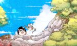  2girls :d absurdly_long_hair arce_luna_0031 black_eyes black_hair blank_eyes blue_sky blurry_edges blush bow bowtie cloud creature day english_commentary floating flower grey_hair hair_bow higuchi_kaede holding holding_torch jitome kaede-chan_(higuchi_kaede) long_hair looking_at_another mito-chan_(tsukino_mito) mito_and_kaede mole mole_under_eye multiple_girls nijisanji open_mouth outdoors paper_texture pink_bow pink_bowtie pink_flower ponytail sky smile sunlight torch tree tsukino_mito very_long_hair virtual_youtuber white_bow 