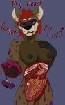 anthro baphle big_breasts blood blood_from_mouth blood_in_mouth blood_on_face blood_on_hand bodily_fluids breasts colored_nails ear_piercing ear_ring female fingernails gore hair heart_symbol hi_res hybrid hyena mammal nails organs piercing procyonid purple_eyes purple_fingernails purple_nails raccoon raccoongirl red_hair ribs ring_piercing solo text