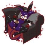 abdominal_bulge avoiding_eye_contact bandai_namco black_clothing black_legwear black_stockings blush blush_lines bottle bow_tie bunny_costume butt buttplug clothing container costume cuffs_(clothing) digimon digimon_(species) footwear furniture genitals gloves green_eyes handwear hi_res high_heels humanoid imp impmon knil_(artist) legwear male pasties penis plug_(sex_toy) purple_body reverse_bunny_costume sex_toy shoes small_penis smiley_face sofa solo star stockings tail thick_thighs thigh_highs toeless_legwear wine_bottle x-ray_view