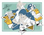  1boy 2girls absurdres backpack bag blue_background collared_shirt commentary_request cone_hair_bun dissolution_(toshi_densetsu_kaitai_center) double_bun eyewear_on_head frilled_shirt frilled_sleeves frills fukurai_azami gloves hair_between_eyes hair_bun hand_on_own_head highres limited_palette long_sleeves looking_at_viewer looking_back meguriya_ayumu multiple_girls nikki_kyousuke open_mouth partially_fingerless_gloves puffy_sleeves shirt short_hair short_sleeves signature smile steering_wheel tomarigi_yasumi toshi_densetsu_kaitai_center translation_request triangle triangle_necklace upper_body 