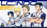  2boys 2girls astonaige_medoz black_hair blonde_hair blue_eyes blue_hair bright_noa brown_hair chan_agi char&#039;s_counterattack closed_mouth clothes_writing commentary company_name crossed_arms dnwn_stone earth_federation_space_forces green_eyes gundam hand_on_own_chin headphones headphones_around_neck highres holding jacket kayra_su long_sleeves microphone multiple_boys multiple_girls own_hands_clasped own_hands_together racing short_hair short_sleeves smile sponsor symbol-only_commentary 