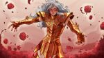  1boy ameliecausse armor blue_hair blush cowboy_shot florakinesis flower gold_armor gold_cloth gold_saint hands_up highres long_hair looking_at_viewer male_focus mole mole_under_eye otoko_no_ko pauldrons petals pisces_aphrodite pursed_lips red_flower red_petals red_rose rose rose_petals saint_seiya shoulder_armor solo v-shaped_eyebrows 