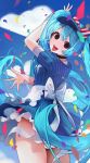  1girl absurdres alternate_costume alternate_eye_color apron arm_up back_bow black_choker blue_dress blue_hair blue_hat blue_sky bow breasts buttons choker cloud collared_dress diagonal-striped_bow dress floating_clothes frilled_dress frills from_behind hair_between_eyes hashtag-only_commentary hat hat_bow hatsune_miku highres llttyyyuu long_hair looking_back mesmerizer_(vocaloid) pinstripe_dress pinstripe_hat pinstripe_pattern puffy_short_sleeves puffy_sleeves red_bow sailor_collar saliva sharp_teeth short_sleeves sky small_breasts solid_circle_eyes solo teeth thighs tongue tongue_out twintails two-tone_bow upper_teeth_only very_long_hair vocaloid waist_apron white_apron white_bow white_sailor_collar white_wrist_cuffs wrist_cuffs 