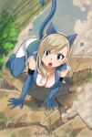  1girl all_fours animal_ears artist_name blue_bodysuit blue_gloves bodysuit breasts cat_ears cat_girl cat_tail cleavage cloud day eden&#039;s_zero elbow_gloves gaston18 gloves highres large_breasts long_hair looking_at_viewer open_mouth outdoors rebecca_bluegarden sleeveless sleeveless_bodysuit solo tail teeth upper_teeth_only white_bodysuit 