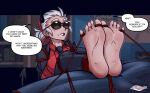 5_toes barefoot clothed clothing demon demon_humanoid eyewear feet female foot_focus helltaker horn horned_humanoid humanoid humanoid_feet justice_(helltaker) kiimmo not_furry plantigrade soles solo spade_tail speech_bubble sunglasses tail text toe_restraints toes toes_tied 