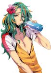  1boy :o bare_pectorals bike_jersey blush bottle collarbone curtained_hair cycling_uniform drinking_straw fingerless_gloves flower gloves green_eyes green_hair hair_flower hair_ornament hair_over_shoulder hibiscus holding holding_bottle index_finger_raised linea_alba makishima_yuusuke mole mole_under_eye mole_under_mouth multicolored_hair multiple_moles nipple_slip nipples orange_hair otoko_no_ko parted_bangs parted_lips partially_unzipped pectorals pink_flower puffy_nipples raised_inner_eyebrows short_sleeves simple_background streaked_hair sweat tareme upper_body water_bottle wavy_hair white_background white_gloves yamada_3 yowamushi_pedal 