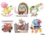  100_points_emoji artist_name blowing_bubble_gum bonk bottle car chewing_gum conkeldurr crossed_tentacles cup dab_(dance) dartrix drinking_glass elcajarito english_text fidget_spinner fire fish flushed_face_emoji food fruit grapes highres magikarp mamoswine motor_vehicle no_humans pikachu pokemon pokemon_(creature) pun simple_background sunglasses tentacool timburr tusks white_background wine_bottle wine_glass 