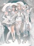  4girls absurdres ahoge aqua_eyes bag blonde_hair blue_eyes boots bracelet braid brown_hair commentary crossover dress dungeon_meshi earrings elaina_(majo_no_tabitabi) elbow_gloves elf frieren frilled_dress frilled_thigh_strap frills full_body genre_connection gloves grabbing_another&#039;s_arm hand_on_another&#039;s_shoulder hand_on_another&#039;s_waist handbag hat high_heels highres holding holding_bag jewelry kagari_atsuko kneehighs lace-up_boots lace_socks little_witch_academia looking_at_viewer majo_no_tabitabi marcille_donato mary_janes multiple_crossover multiple_girls pantyhose pointy_ears pumps red_eyes shoes silver_shoes socks sousou_no_frieren standing thigh_strap thighhighs twin_braids twintails white_boots white_dress white_gloves white_hair white_hat white_pantyhose white_shoes white_socks white_theme white_thighhighs wings witch witch_hat ying_yi 
