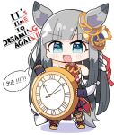  1girl animal_ears blue_eyes blush breasts chibi chrono_genesis_(umamusume) clock commentary_request detached_sleeves english_text gloves grey_hair hair_between_eyes hair_ornament horse_ears horse_girl looking_at_viewer meme solo standing temu_(kobaeihuk) translation_request umamusume white_background 
