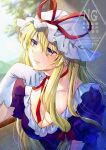  1girl alto2019 blonde_hair breasts choker cleavage dress expressionless frills gloves hair_between_eyes hair_ribbon hat head_rest highres large_breasts long_hair looking_outside looking_to_the_side mob_cap purple_dress purple_eyes ribbon ribbon_choker short_sleeves signature solo touhou upper_body watermark white_gloves window yakumo_yukari 