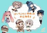  2boys 5girls :d asymmetrical_gloves black_boots black_gloves black_pants black_shirt black_skirt black_socks blue_background blue_hair blue_hat blue_shirt blush bolo_tie boots bow brown-framed_eyewear brown_boots brown_capelet brown_eyes brown_hair brown_hat brown_shoes brown_skirt capelet character_request chibi collared_shirt commentary_request crop_top crossed_arms deerstalker dress dress_shirt evil_grin evil_smile eye_mask eyewear_on_headwear faceless faceless_male fang fangs food frilled_hairband frills gloves grey_eyes grey_hair grey_shirt grey_shorts grey_skirt grin hair_over_eyes hairband half_mask harapeko_shoujo_to_tantei_to haruno_rikka hat highres holding long_hair magnifying_glass mask midriff mini_hat multiple_boys multiple_girls navel orange_bow pants parted_bangs peaked_cap pink_hair plaid_clothes plaid_hat plaid_skirt pleated_skirt pointing pointing_at_viewer puffy_short_sleeves puffy_sleeves purple_bow purple_dress purple_hairband rino_cnc round_eyewear sharp_teeth shirt shoes short_sleeves shorts single_glove skirt smile socks sparkle steamed_bun sweater_vest teeth thigh_boots tilted_headwear translation_request twintails twitter_username upper_teeth_only very_long_hair white_background white_shirt 