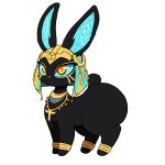 2025 absurd_res ambiguous_gender anklet big_butt black_body black_fur blue_inner_ear blue_sclera butt clothing cross egyptian egyptian_clothing feral fur hare hi_res huge_butt huge_thighs jewelry lagomorph leporid mammal markings miso_souperstar orange_eyes orange_pupils pupils short_tail simple_background solo tail thick_thighs tol-rah_(miso_souperstar) usekh white_background yellow_body yellow_fur yellow_headdress yellow_markings yellow_nose