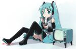  1girl against_wall aqua_eyes aqua_hair aqua_necktie black_boots black_skirt boots bowl chopsticks commentary_request detached_sleeves eating food full_body hatsune_miku headset holding holding_bowl holding_chopsticks kanzaki_hiro long_hair miniskirt necktie noodles number_tattoo pleated_skirt shoulder_tattoo sitting skirt solo tattoo television thigh_boots twintails twitter_username very_long_hair vocaloid 