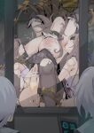  3girls beret black_blindfold black_choker black_hat black_pantyhose blindfold breast_sucking breasts brown_hair censored choker commentary_request defeat hair_ornament hat head_back herta_(honkai:_star_rail) herta_(puppet)_(honkai:_star_rail) highres honkai:_star_rail honkai_(series) laboratory large_breasts licking licking_armpit long_hair multiple_girls navel nipples nude open_mouth pantyhose pussy restrained saliva screen selfcest spread_legs stomach sweat the_herta_(honkai:_star_rail) tongue tongue_out torn_clothes torn_pantyhose ttptt yuri 